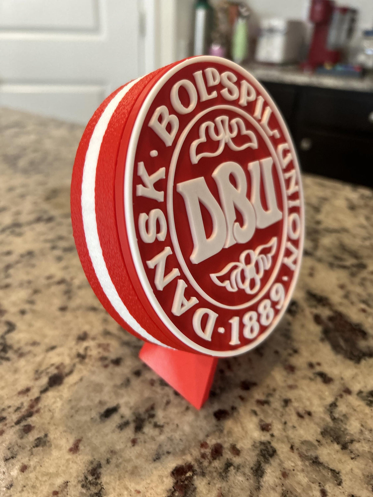 Denmark DBU Dansk Boldspil-Union 3D printed red roundel display with stand and hidden stash box, Denmark national team soccer fan gift, made in USA
