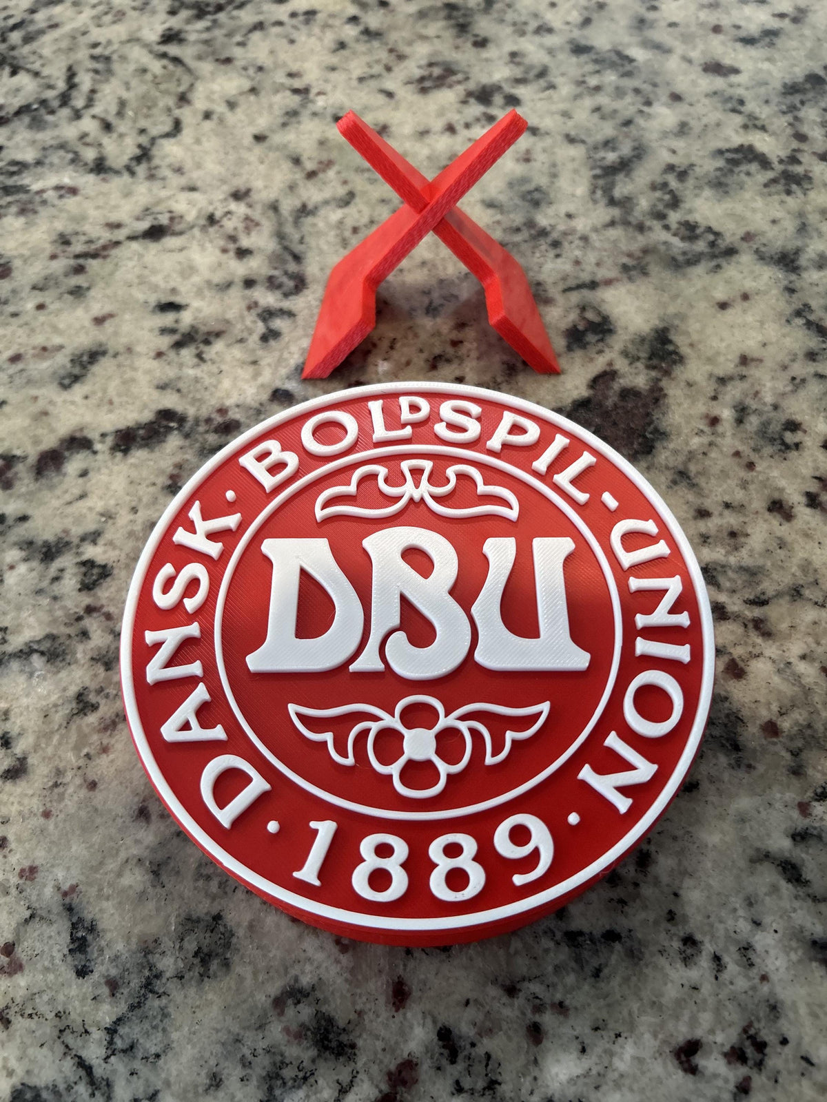 Denmark DBU Dansk Boldspil-Union 3D printed red roundel display with stand and hidden stash box, Denmark national team soccer fan gift, made in USA