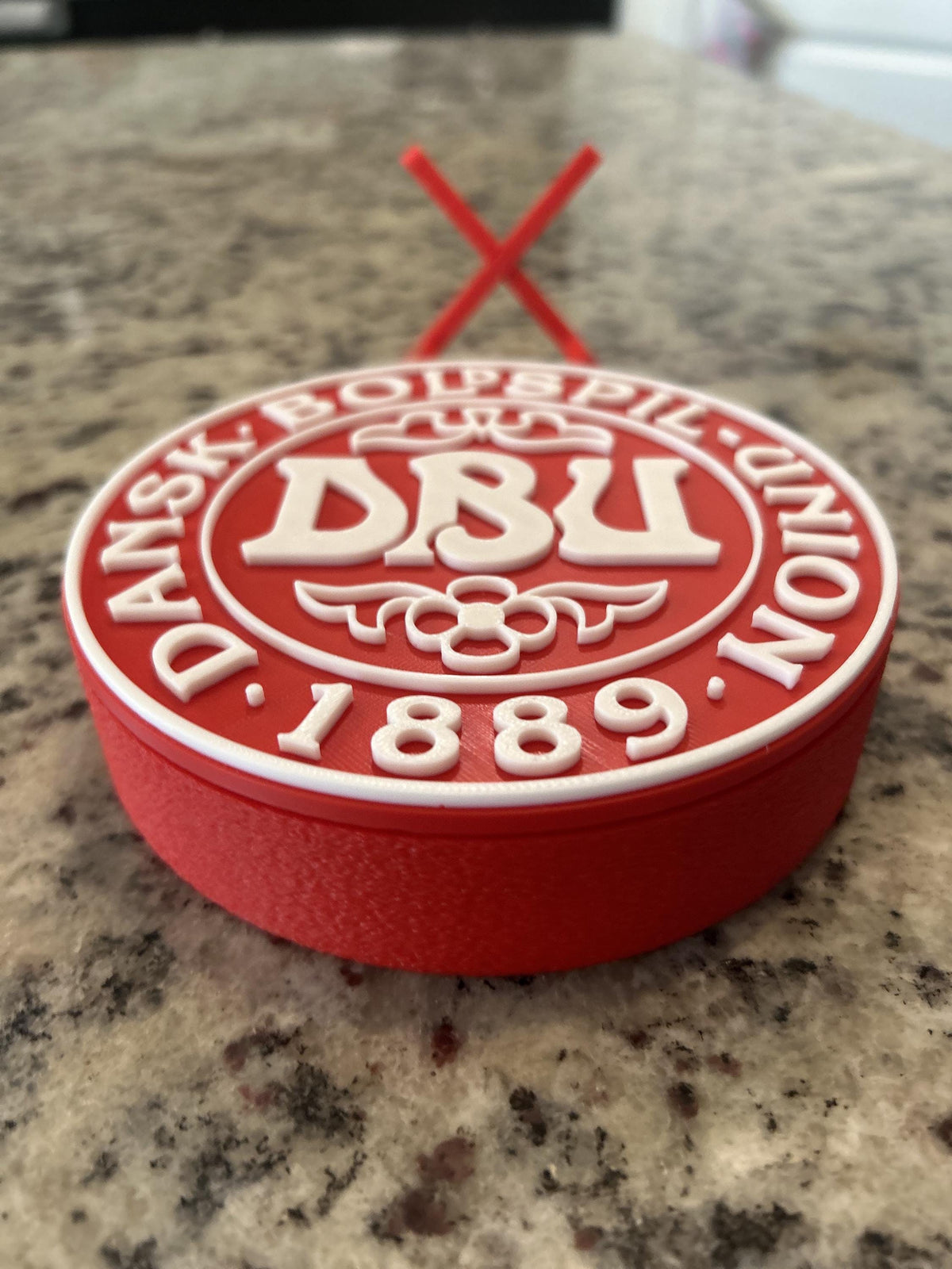 Denmark DBU Dansk Boldspil-Union 3D printed red roundel display with stand and hidden stash box, Denmark national team soccer fan gift, made in USA