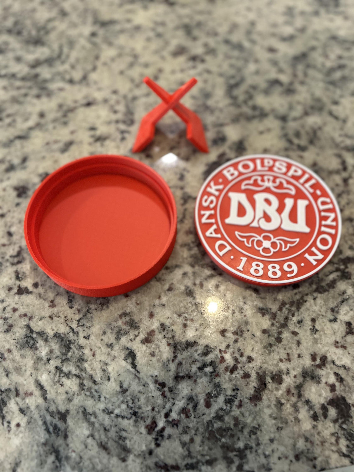 Denmark DBU Dansk Boldspil-Union 3D printed red roundel display with stand and hidden stash box, Denmark national team soccer fan gift, made in USA