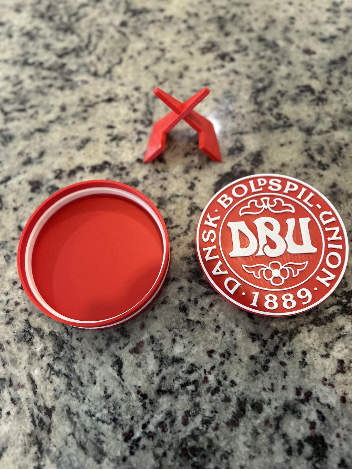Denmark DBU Dansk Boldspil-Union 3D printed red roundel display with stand and hidden stash box, Denmark national team soccer fan gift, made in USA