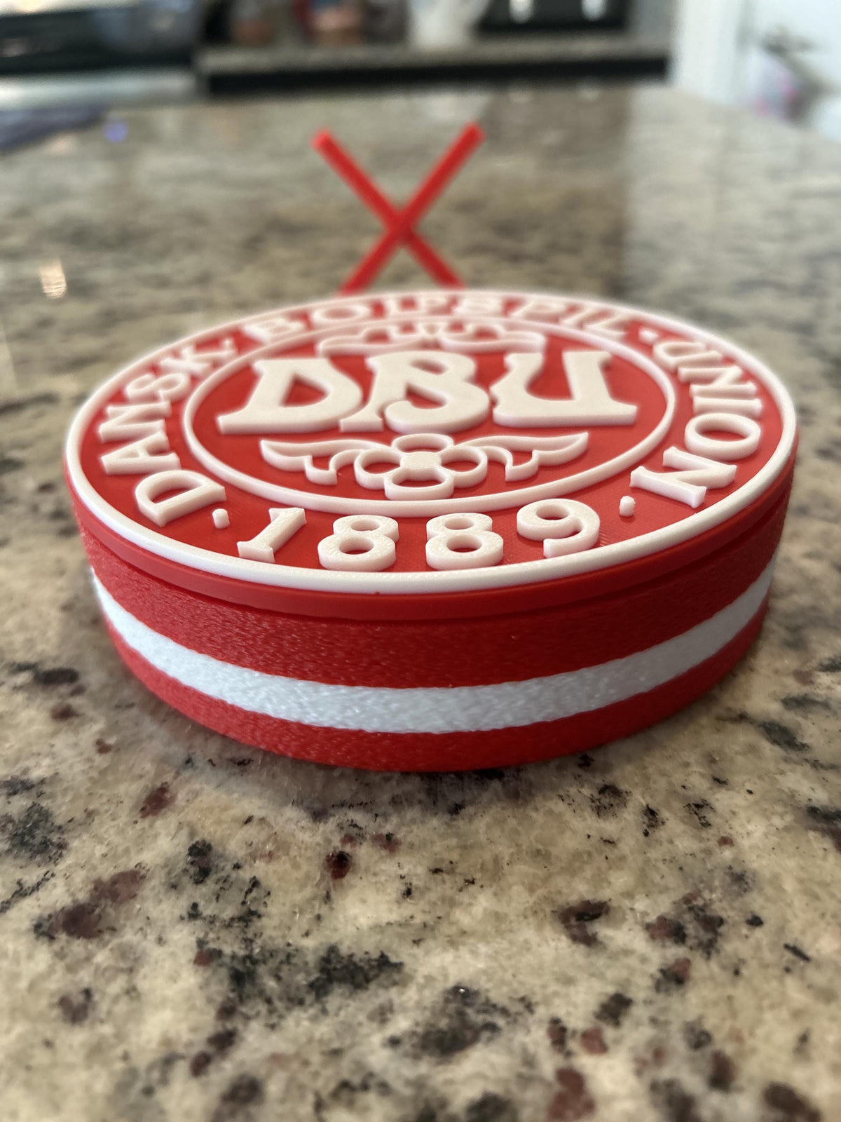Denmark DBU Dansk Boldspil-Union 3D printed red roundel display with stand and hidden stash box, Denmark national team soccer fan gift, made in USA