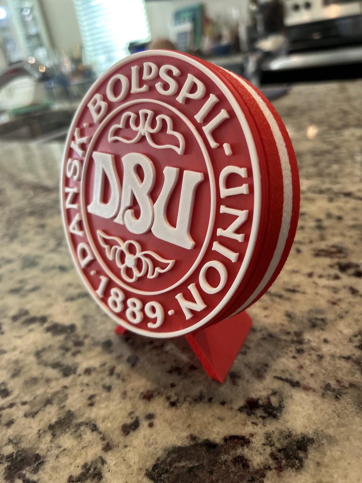 Denmark DBU Dansk Boldspil-Union 3D printed red roundel display with stand and hidden stash box, Denmark national team soccer fan gift, made in USA