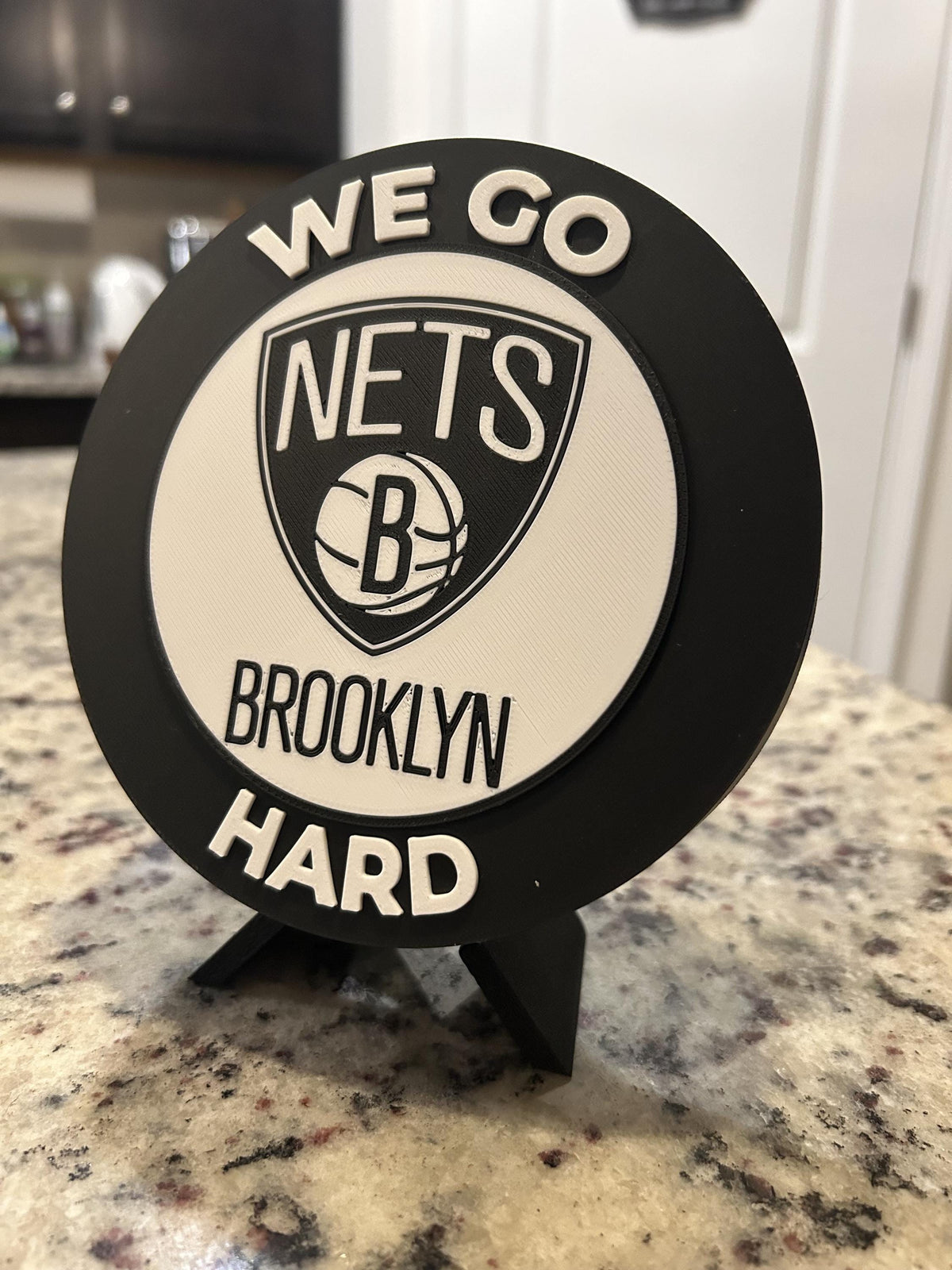 Brooklyn Nets 3D printed black and white roundel display with leg stand and hidden stash box, personalized NBA basketball fan gift, made in USA
