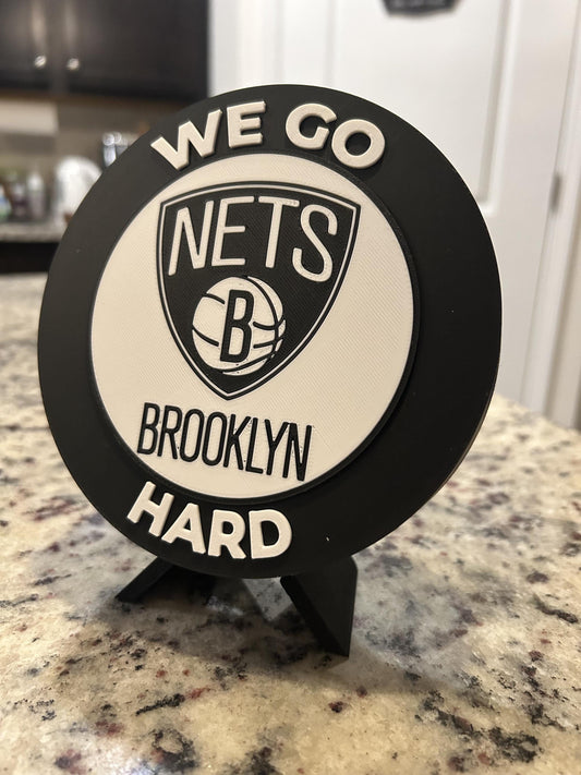 Brooklyn Nets 3D printed black and white roundel display with leg stand and hidden stash box, personalized NBA basketball fan gift, made in USA
