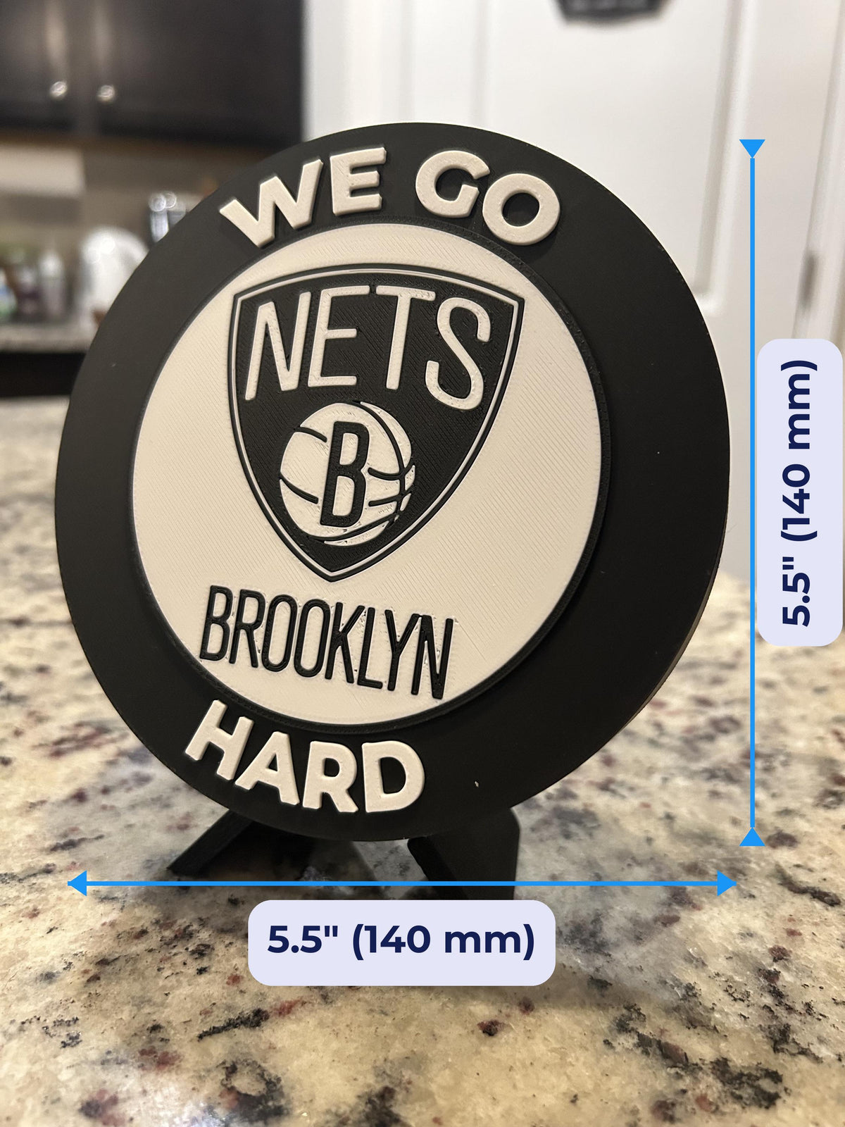 Brooklyn Nets 3D printed black and white roundel display with leg stand and hidden stash box, personalized NBA basketball fan gift, made in USA
