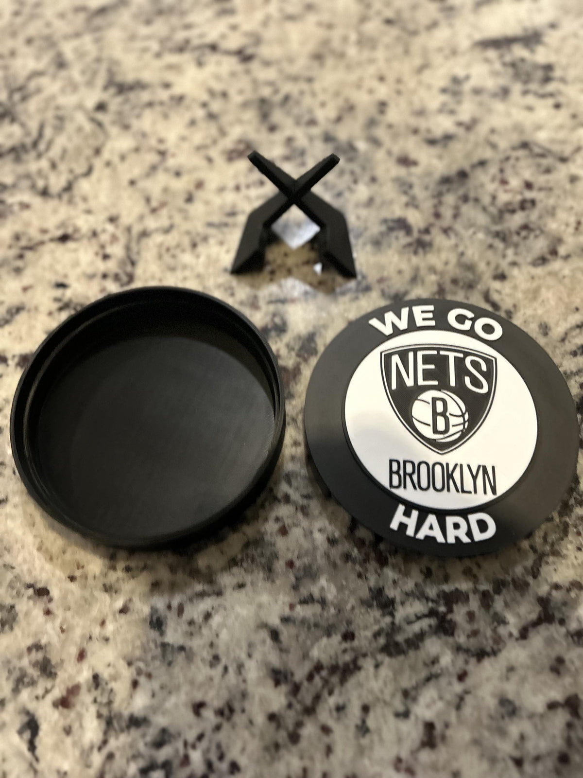 Brooklyn Nets 3D printed black and white roundel display with leg stand and hidden stash box, personalized NBA basketball fan gift, made in USA
