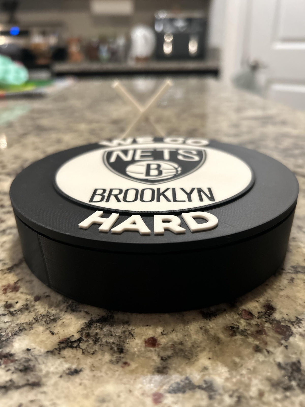 Brooklyn Nets 3D printed black and white roundel display with leg stand and hidden stash box, personalized NBA basketball fan gift, made in USA