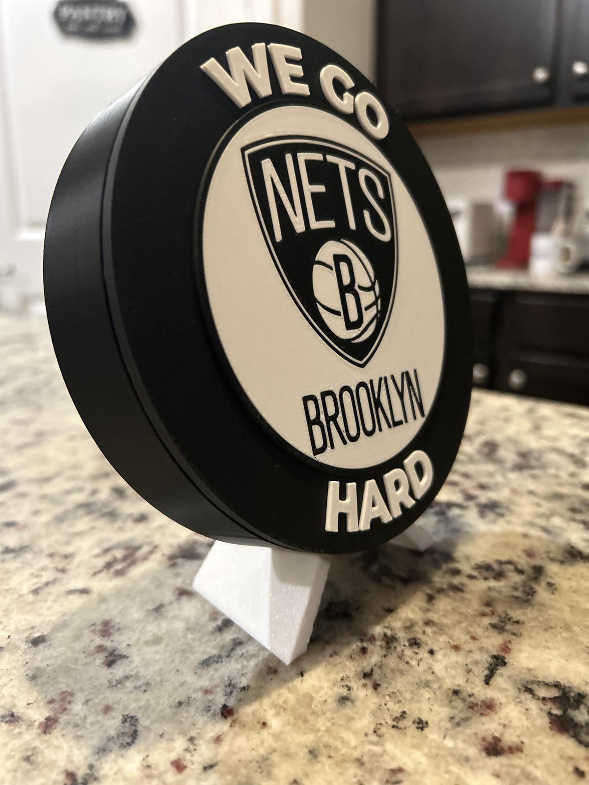 Brooklyn Nets 3D printed black and white roundel display with leg stand and hidden stash box, personalized NBA basketball fan gift, made in USA