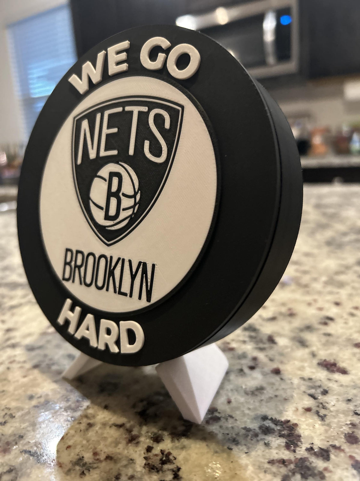 Brooklyn Nets 3D printed black and white roundel display with leg stand and hidden stash box, personalized NBA basketball fan gift, made in USA