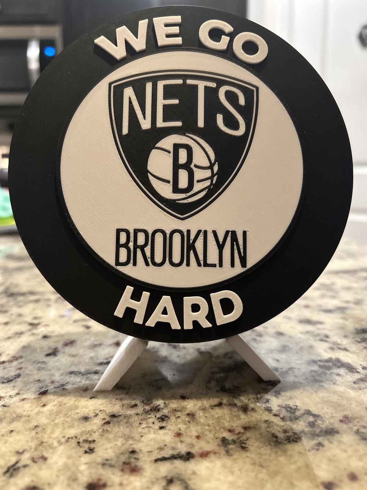 Brooklyn Nets 3D printed black and white roundel display with leg stand and hidden stash box, personalized NBA basketball fan gift, made in USA