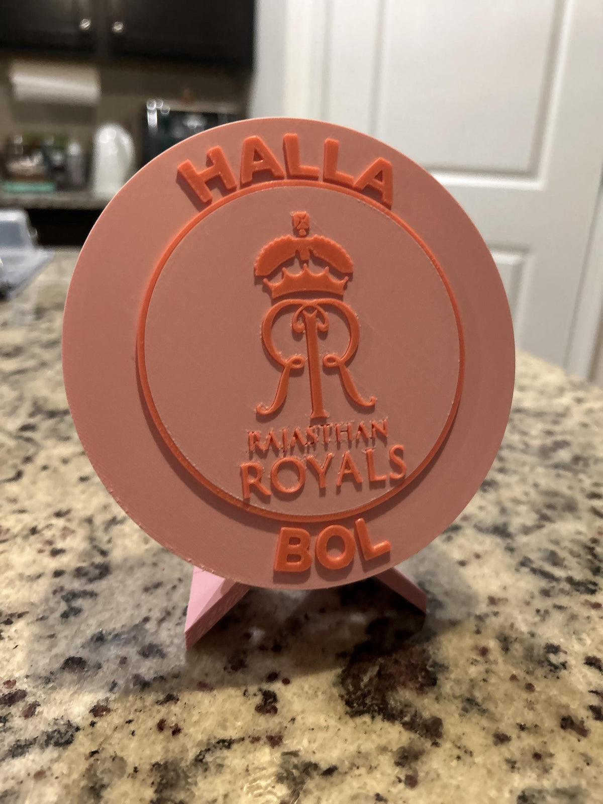 Rajasthan Royals RR 3D printed pink roundel display with leg stand and hidden stash box, personalized IPL cricket fan gift, made in USA