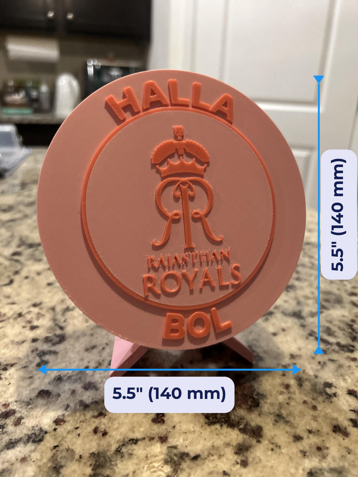 Rajasthan Royals RR 3D printed pink roundel display with leg stand and hidden stash box, personalized IPL cricket fan gift, made in USA
