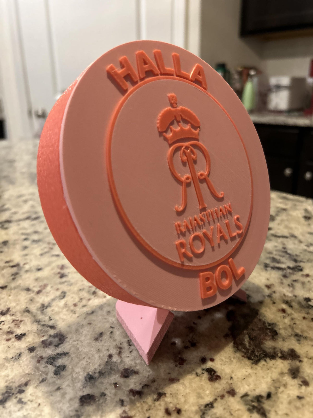 Rajasthan Royals RR 3D printed pink roundel display with leg stand and hidden stash box, personalized IPL cricket fan gift, made in USA