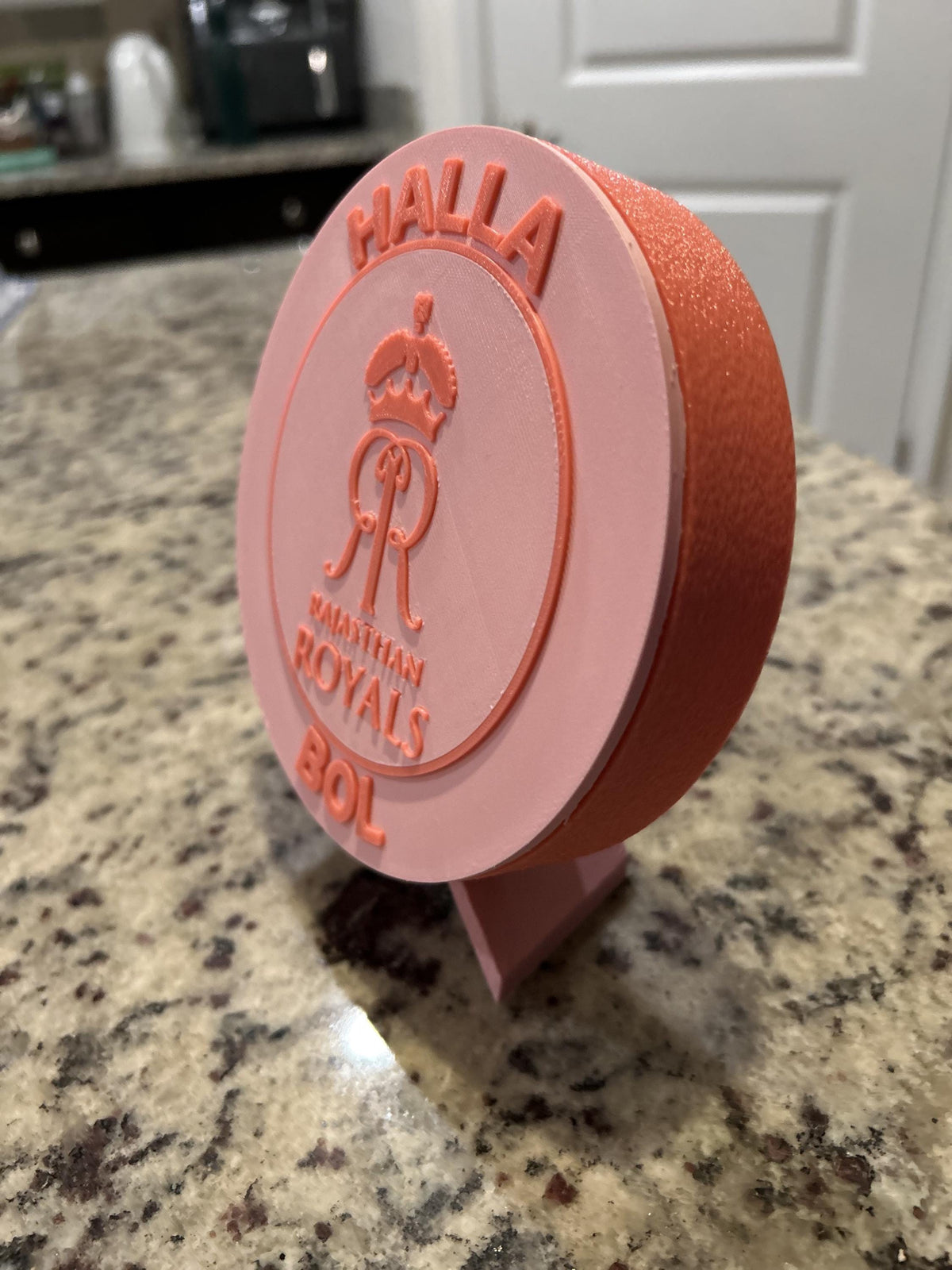 Rajasthan Royals RR 3D printed pink roundel display with leg stand and hidden stash box, personalized IPL cricket fan gift, made in USA