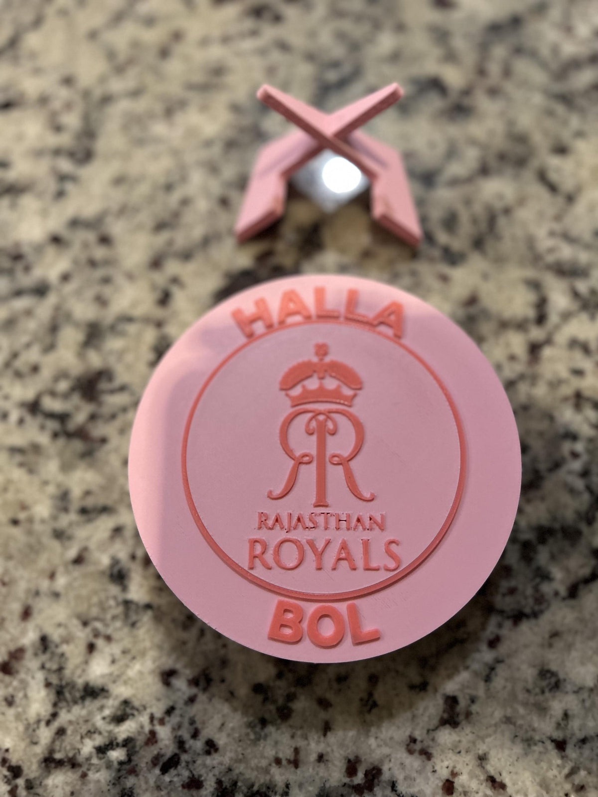 Rajasthan Royals RR 3D printed pink roundel display with leg stand and hidden stash box, personalized IPL cricket fan gift, made in USA