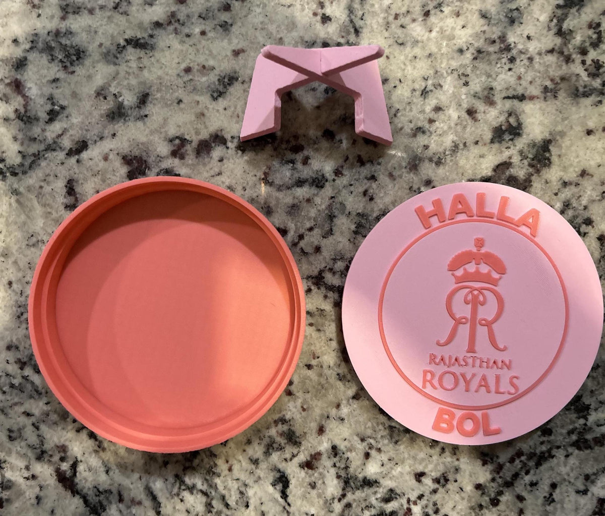 Rajasthan Royals RR 3D printed pink roundel display with leg stand and hidden stash box, personalized IPL cricket fan gift, made in USA