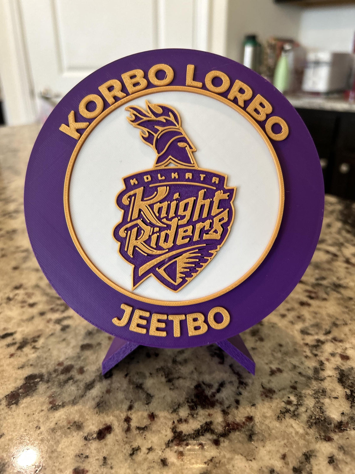 Kolkata Knight Riders KKR 3D printed purple and gold roundel display with leg stand and hidden stash box, personalized IPL cricket fan gift, made in USA