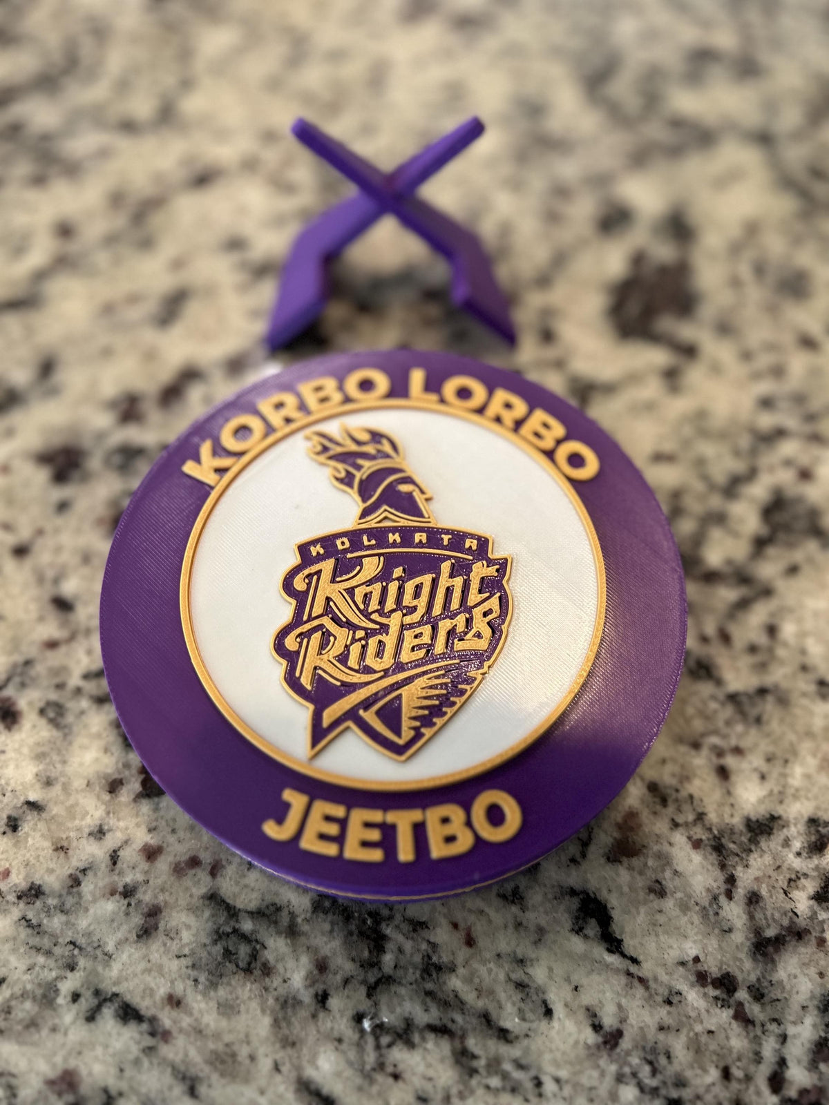 Kolkata Knight Riders KKR 3D printed purple and gold roundel display with leg stand and hidden stash box, personalized IPL cricket fan gift, made in USA