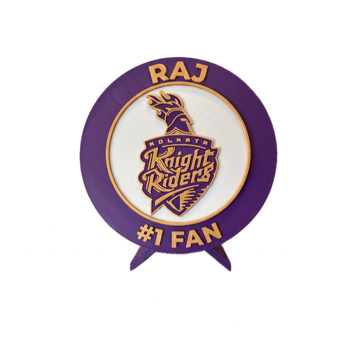 Personalized example: RAJ and #1 FAN on the Kolkata Knight Riders KKR roundel, custom IPL cricket fan gift, made in USA