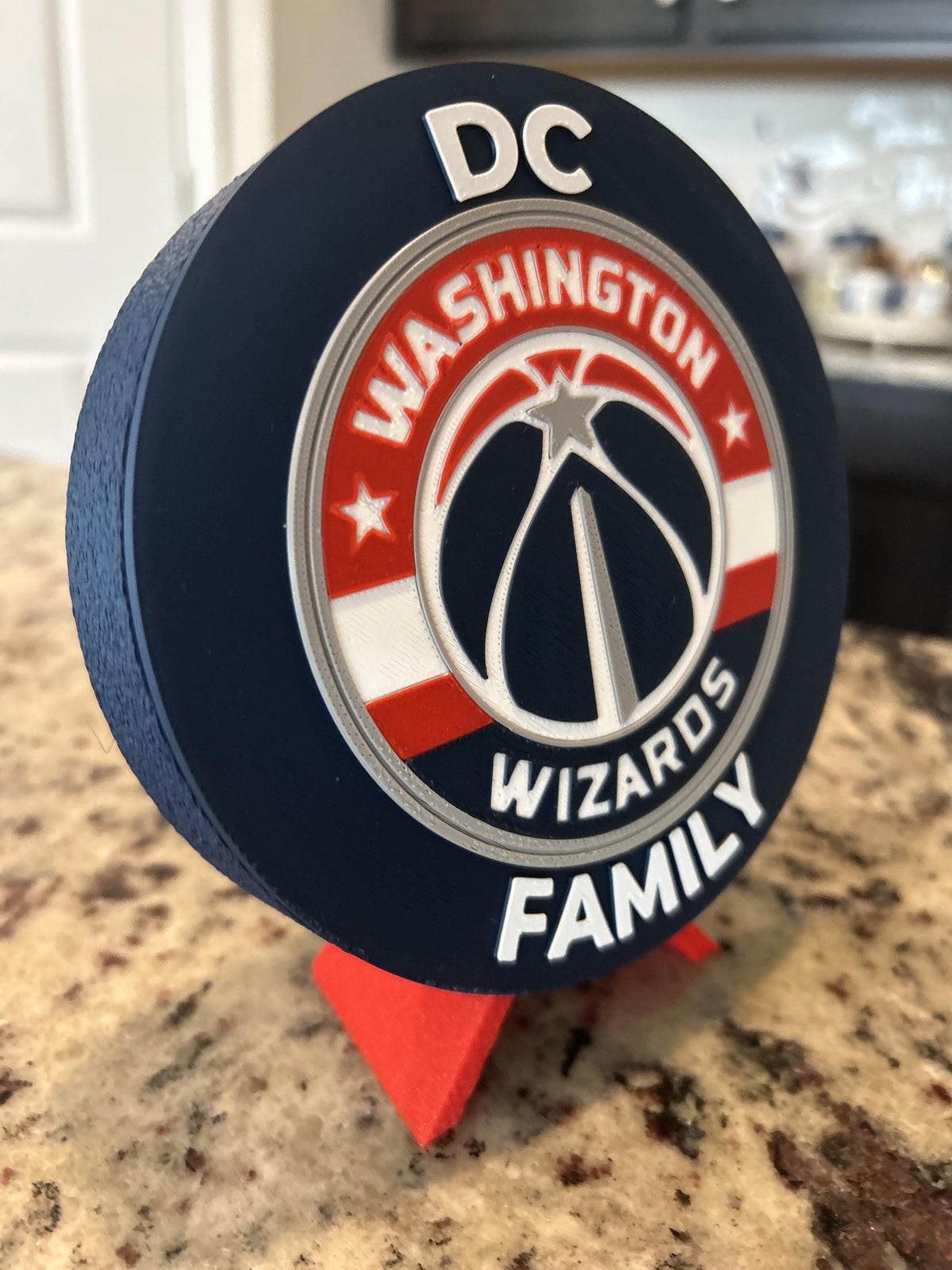 Washington Wizards 3D printed navy and red roundel and crest display with leg stand and hidden stash box, personalized NBA basketball fan gift, made in USA