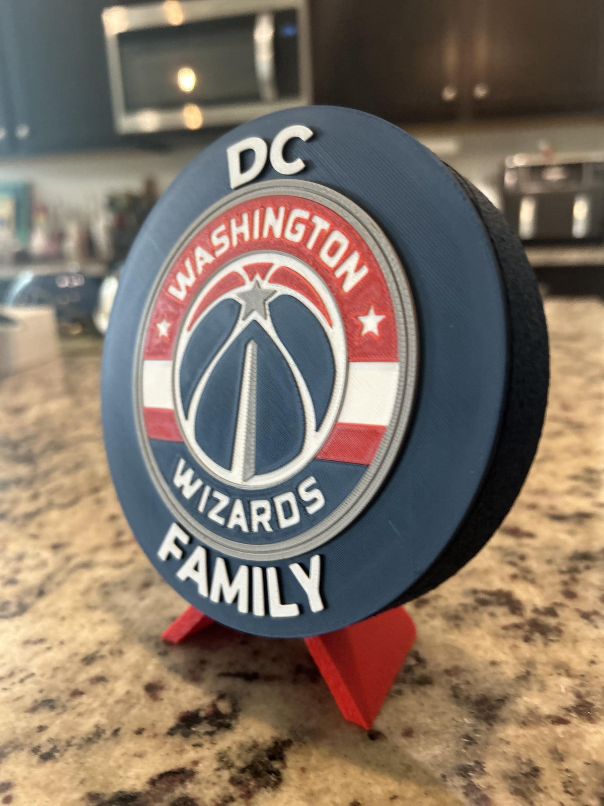 Washington Wizards 3D printed navy and red roundel and crest display with leg stand and hidden stash box, personalized NBA basketball fan gift, made in USA