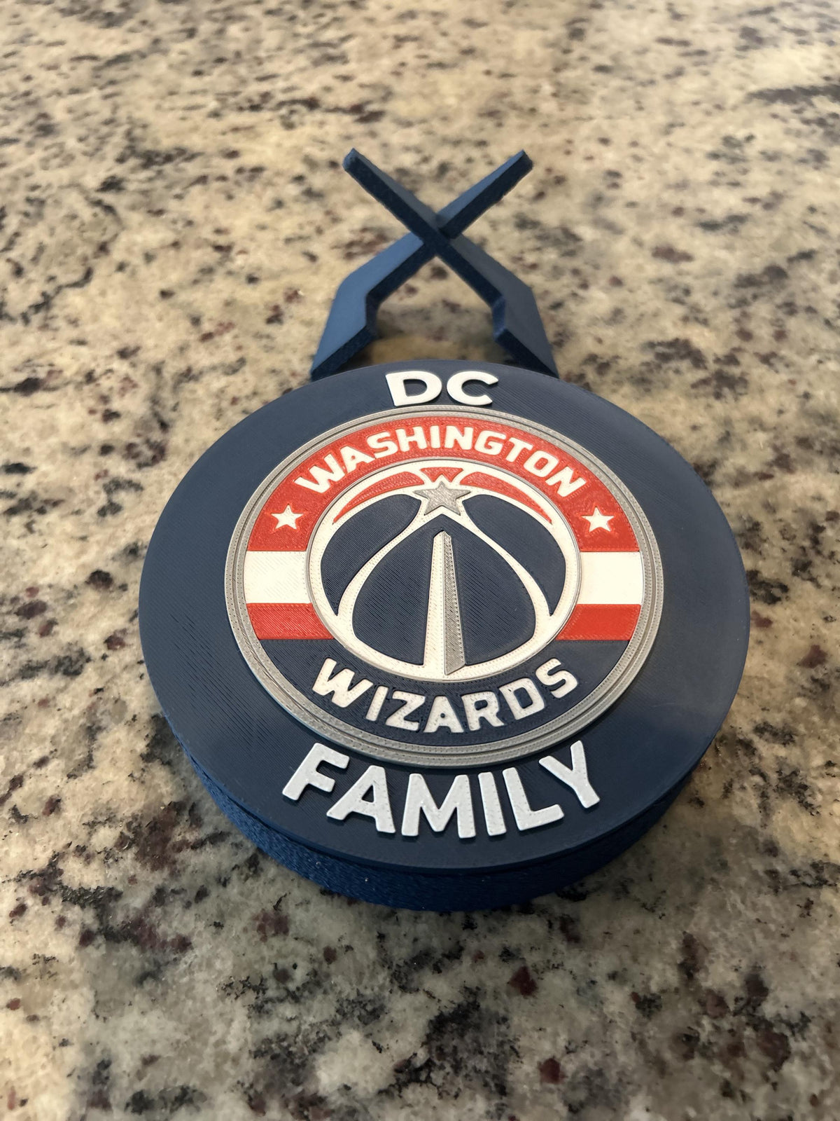 Washington Wizards 3D printed navy and red roundel and crest display with leg stand and hidden stash box, personalized NBA basketball fan gift, made in USA