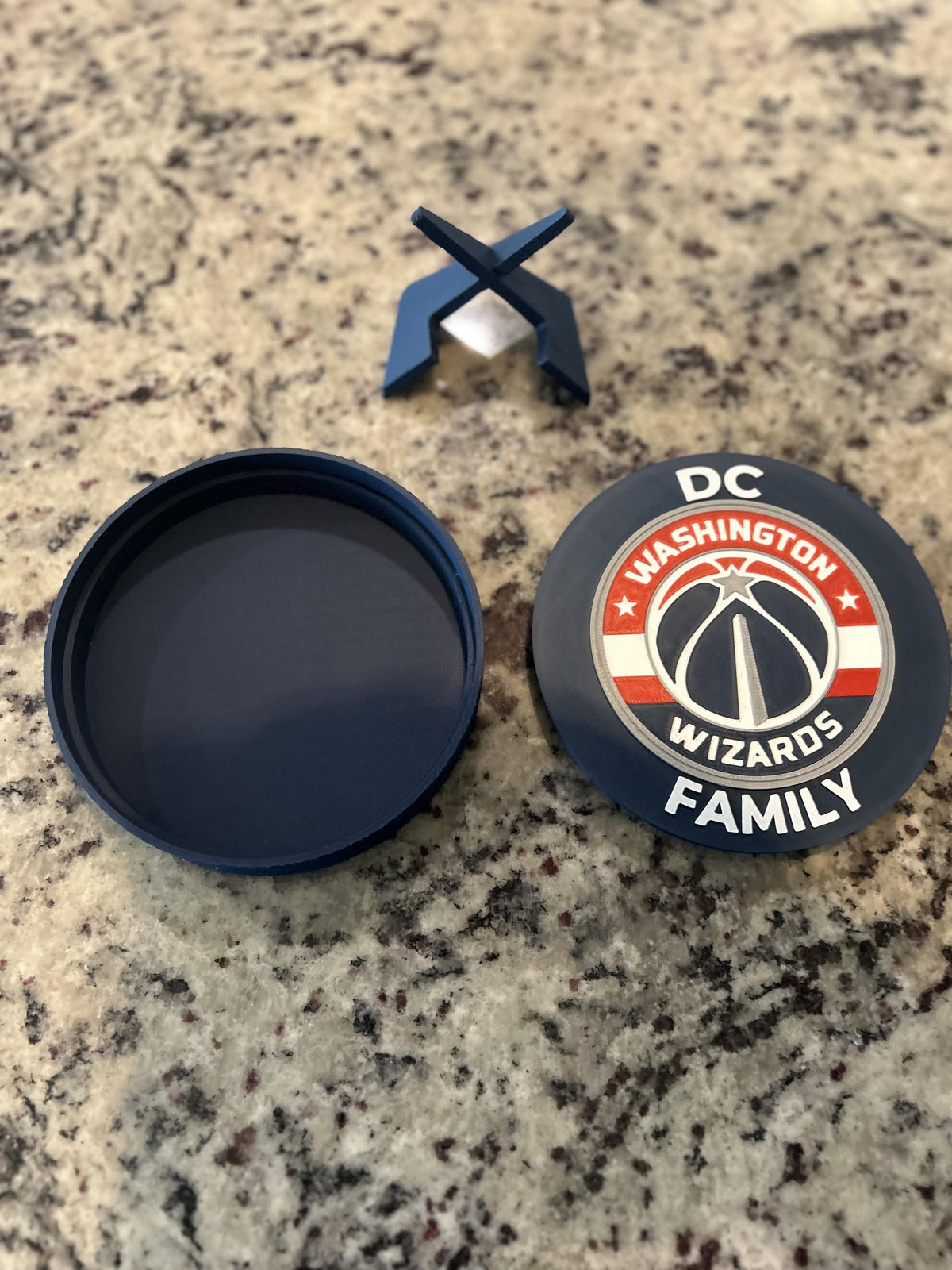Washington Wizards 3D printed navy and red roundel and crest display with leg stand and hidden stash box, personalized NBA basketball fan gift, made in USA