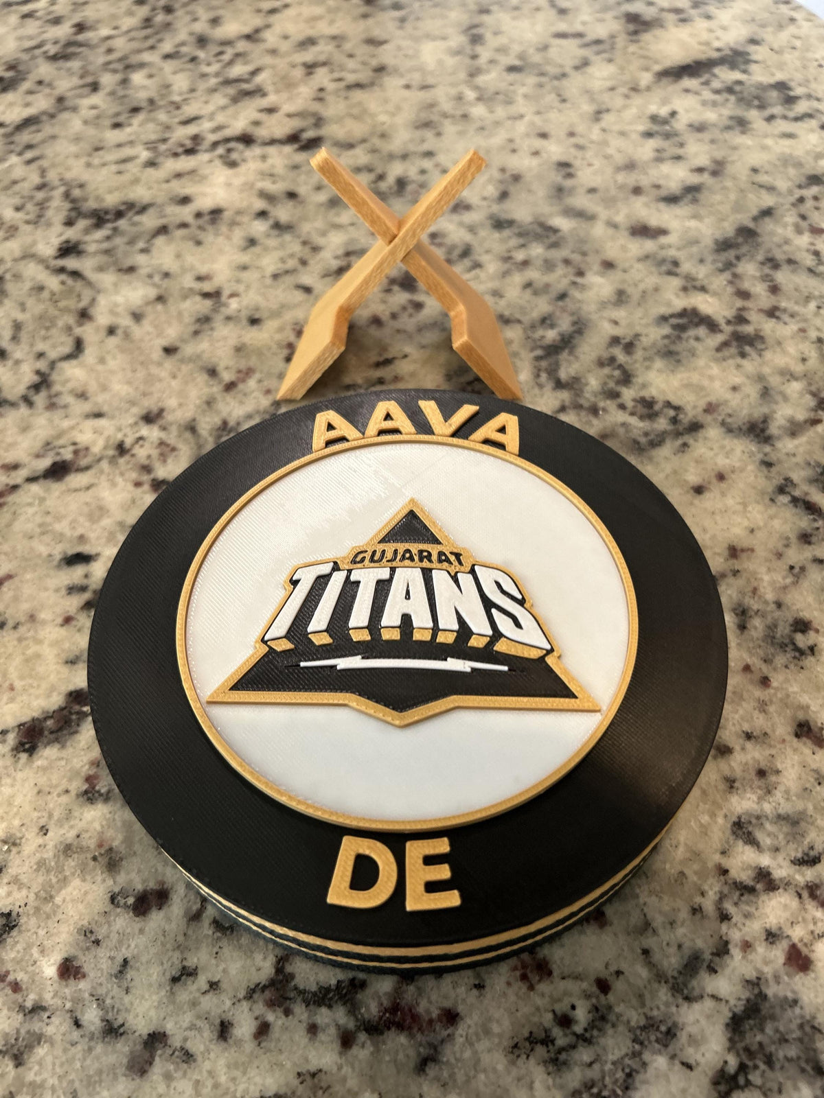 Gujarat Titans GT 3D printed black and gold roundel display with leg stand and hidden stash box, personalized IPL cricket fan gift, made in USA