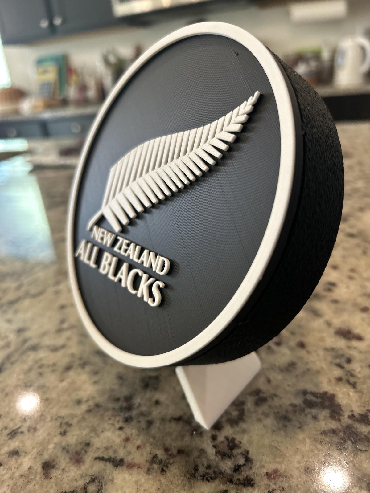 New Zealand All Blacks silver fern 3D printed roundel display with leg stand and hidden stash box, rugby fan gift, made in USA