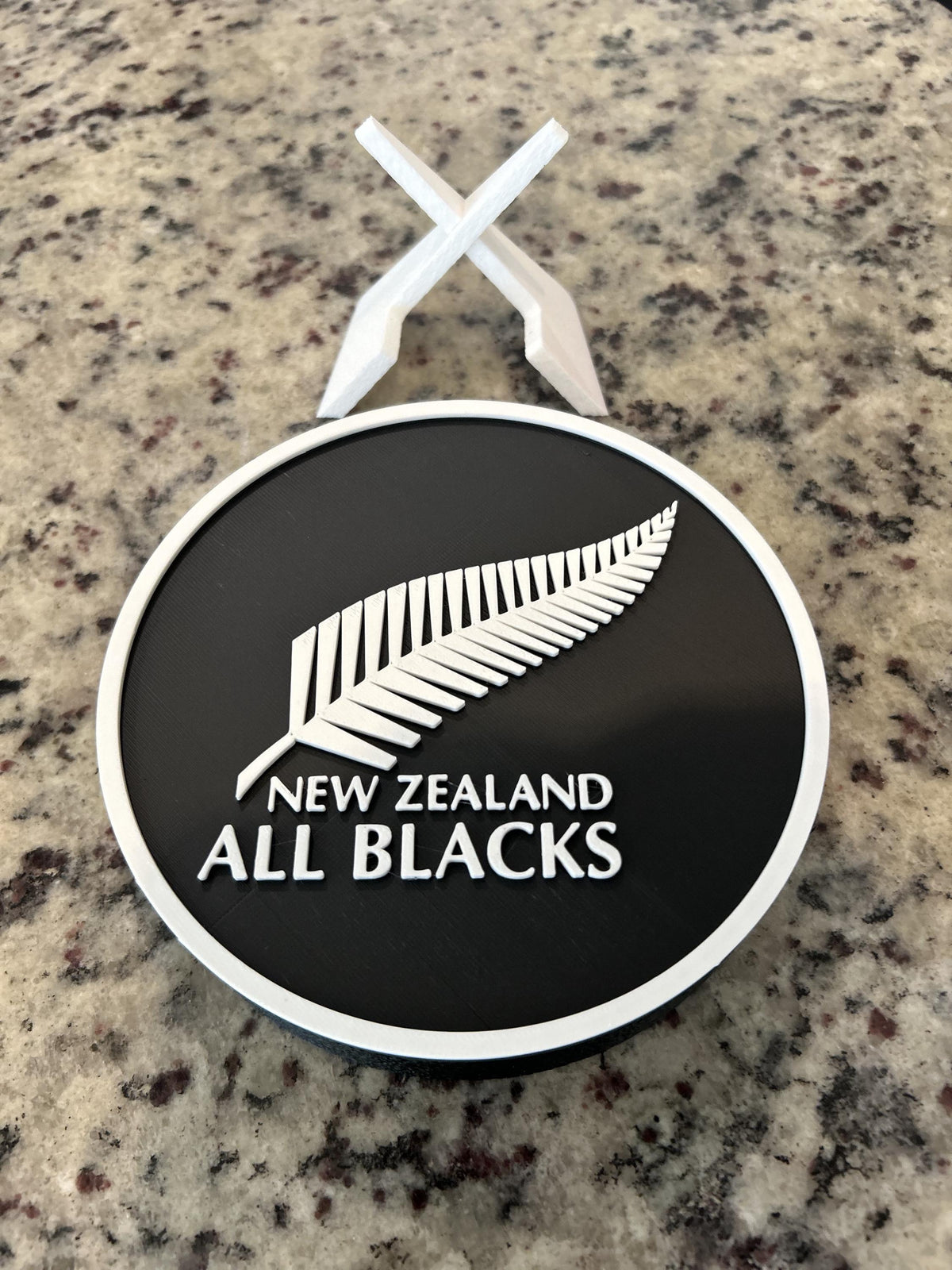 New Zealand All Blacks silver fern 3D printed roundel display with leg stand and hidden stash box, rugby fan gift, made in USA