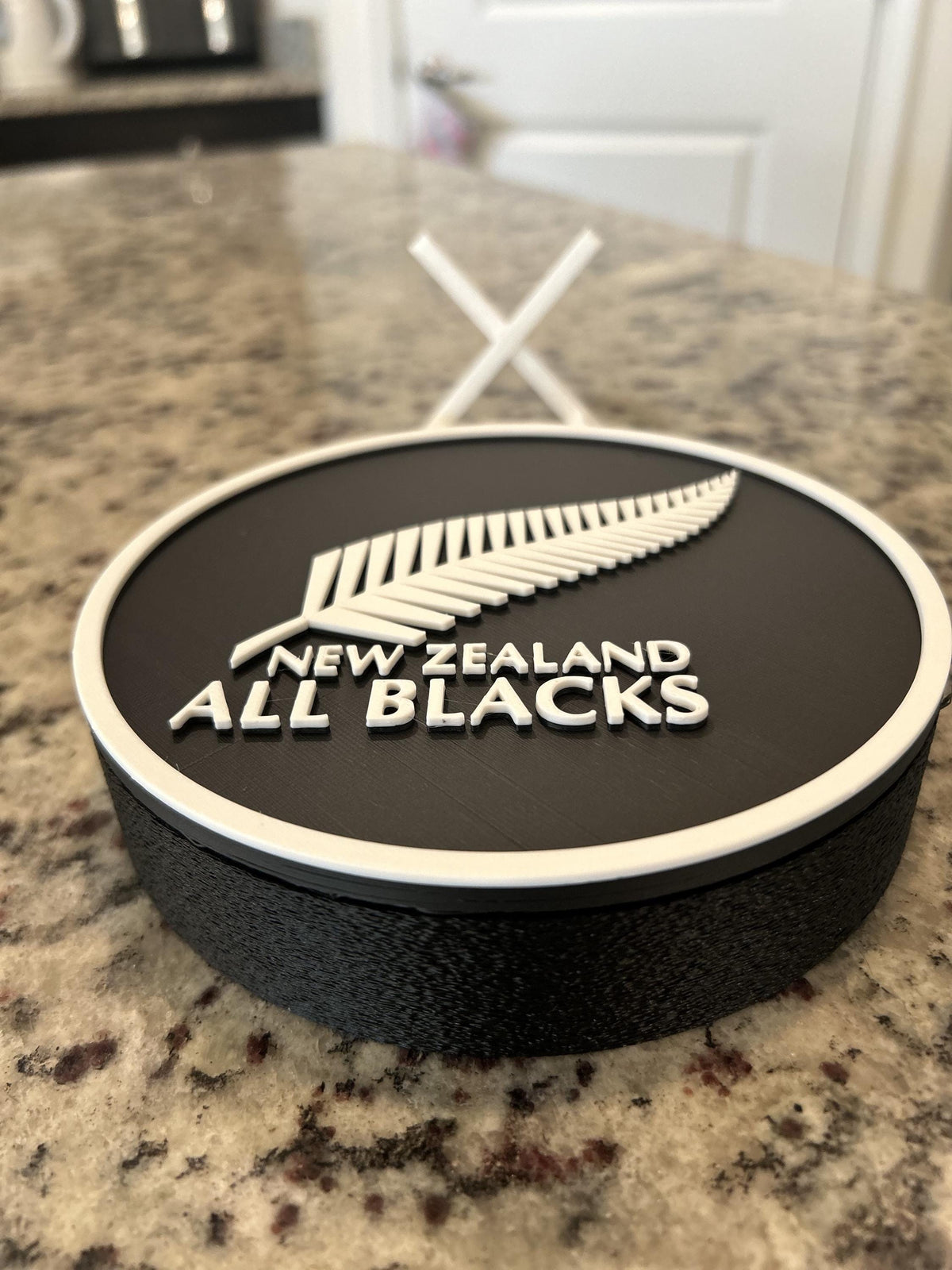 New Zealand All Blacks silver fern 3D printed roundel display with leg stand and hidden stash box, rugby fan gift, made in USA