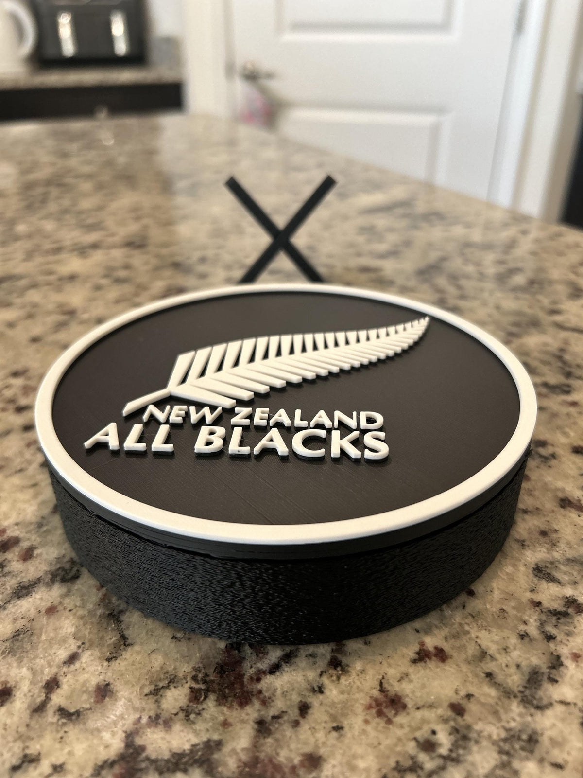 New Zealand All Blacks silver fern 3D printed roundel display with leg stand and hidden stash box, rugby fan gift, made in USA