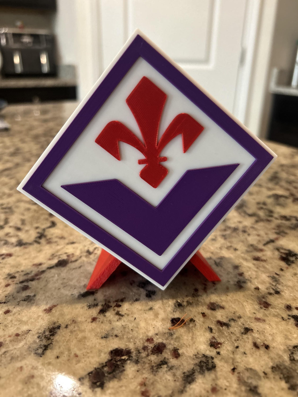ACF Fiorentina 3D printed viola purple Giglio crest display with red stand and hidden stash box, La Viola Serie A soccer fan gift, made in USA