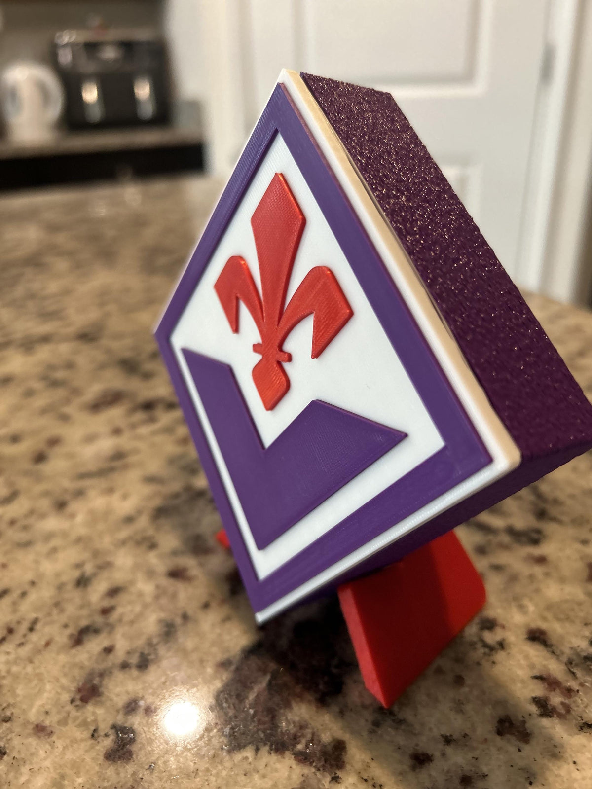 ACF Fiorentina 3D printed viola purple Giglio crest display with red stand and hidden stash box, La Viola Serie A soccer fan gift, made in USA