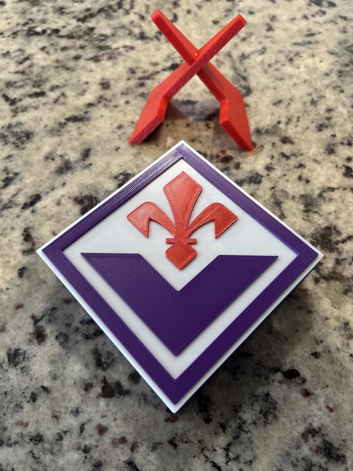 ACF Fiorentina 3D printed viola purple Giglio crest display with red stand and hidden stash box, La Viola Serie A soccer fan gift, made in USA