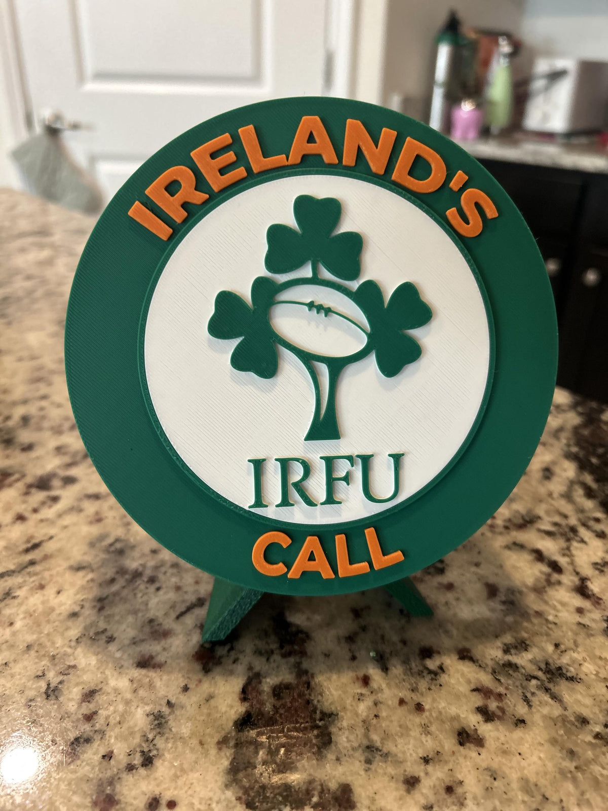 Ireland rugby IRFU 3D printed shamrock crest roundel with Irish tricolor base and green stand and hidden stash box, personalized Ireland's Call rugby fan gift, made in USA