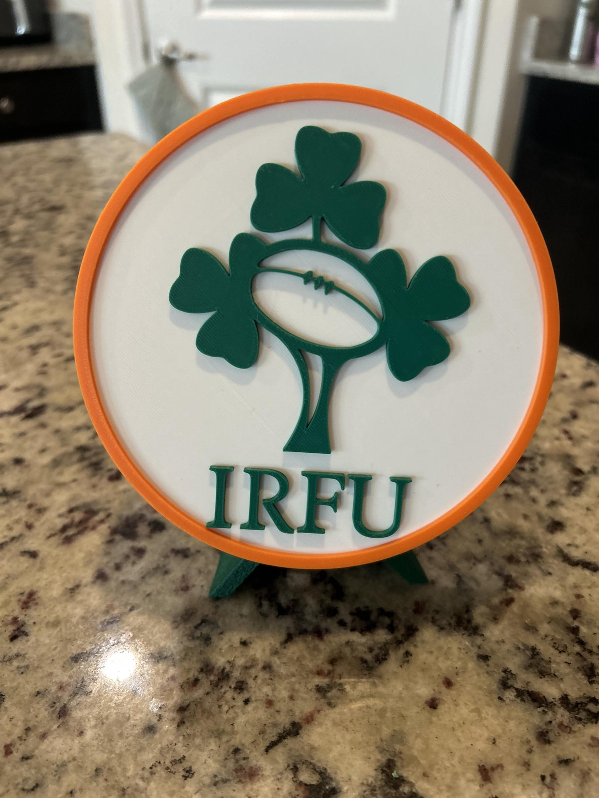Ireland rugby IRFU 3D printed shamrock crest roundel with Irish tricolor base and green stand and hidden stash box, personalized Ireland's Call rugby fan gift, made in USA