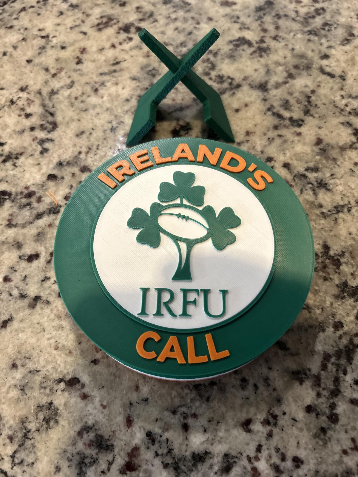 Ireland rugby IRFU 3D printed shamrock crest roundel with Irish tricolor base and green stand and hidden stash box, personalized Ireland's Call rugby fan gift, made in USA