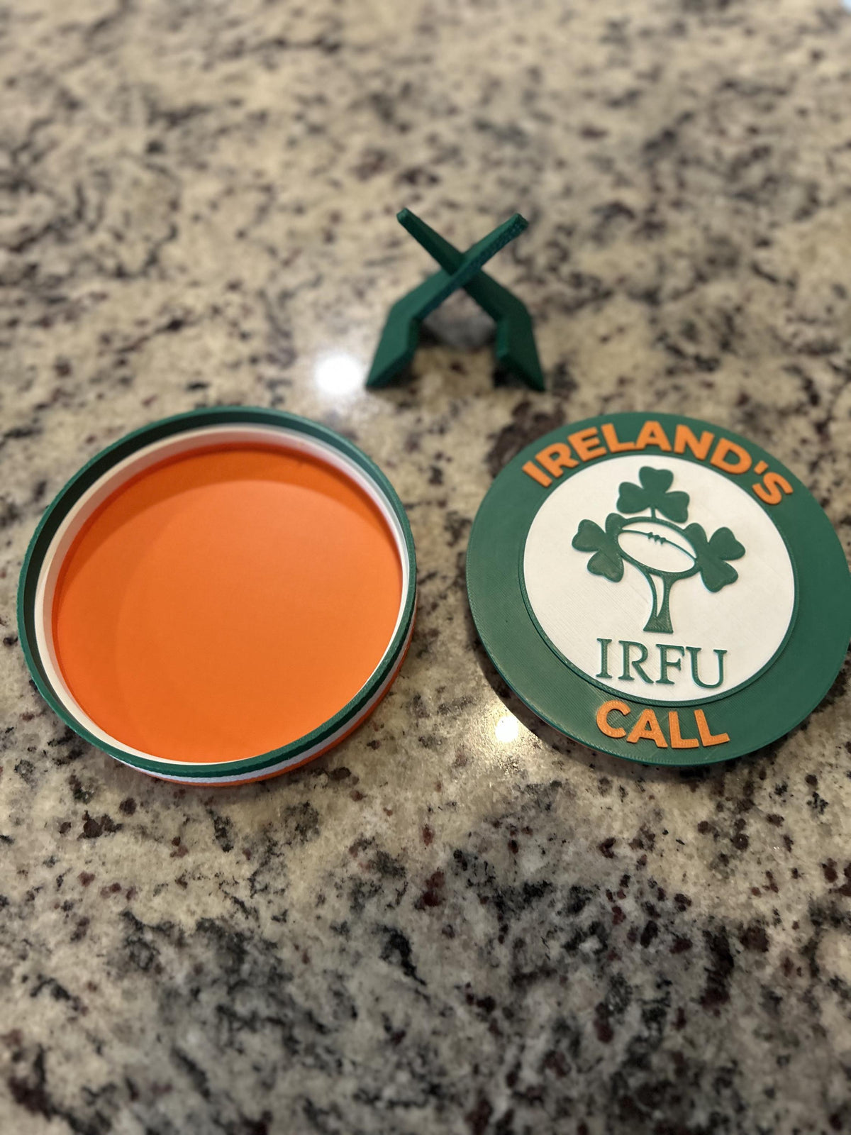 Ireland rugby IRFU 3D printed shamrock crest roundel with Irish tricolor base and green stand and hidden stash box, personalized Ireland's Call rugby fan gift, made in USA