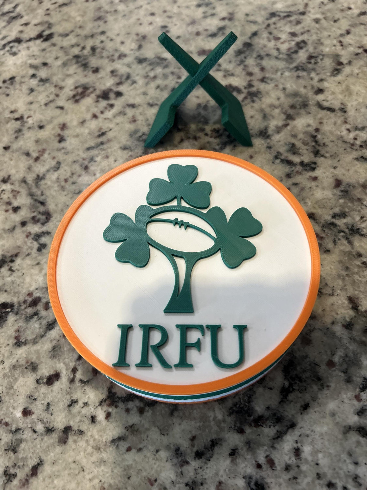 Ireland rugby IRFU 3D printed shamrock crest roundel with Irish tricolor base and green stand and hidden stash box, personalized Ireland's Call rugby fan gift, made in USA