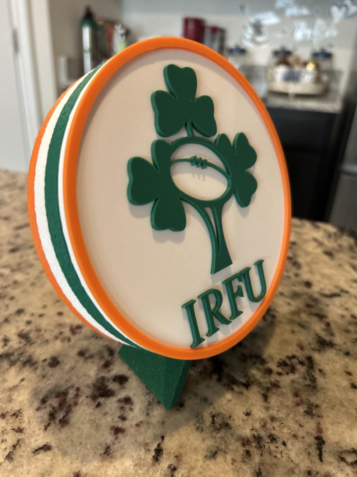 Ireland rugby IRFU 3D printed shamrock crest roundel with Irish tricolor base and green stand and hidden stash box, personalized Ireland's Call rugby fan gift, made in USA