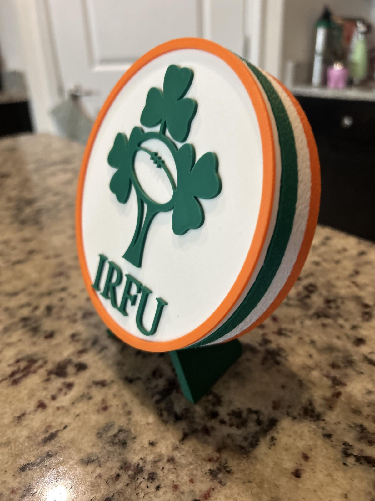 Ireland rugby IRFU 3D printed shamrock crest roundel with Irish tricolor base and green stand and hidden stash box, personalized Ireland's Call rugby fan gift, made in USA