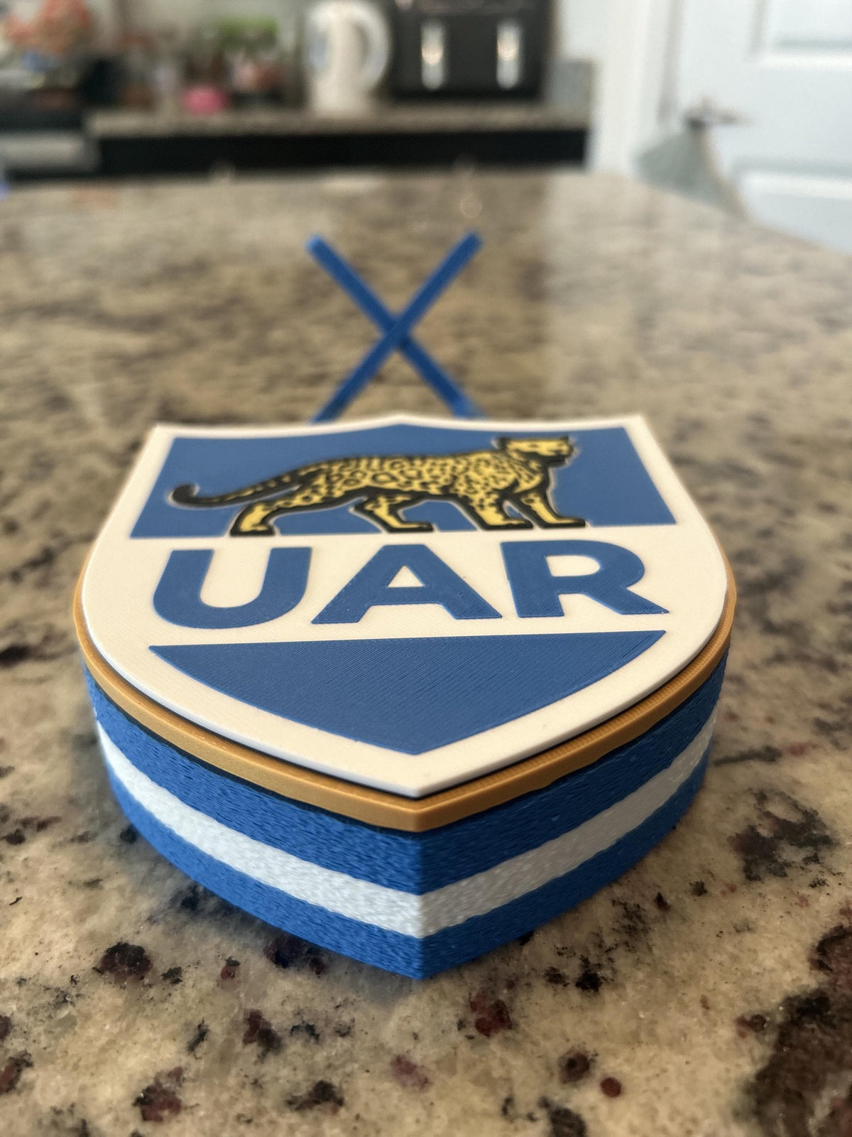 Los Pumas Argentina UAR 3D printed rugby crest display with stand and hidden stash box, made in USA