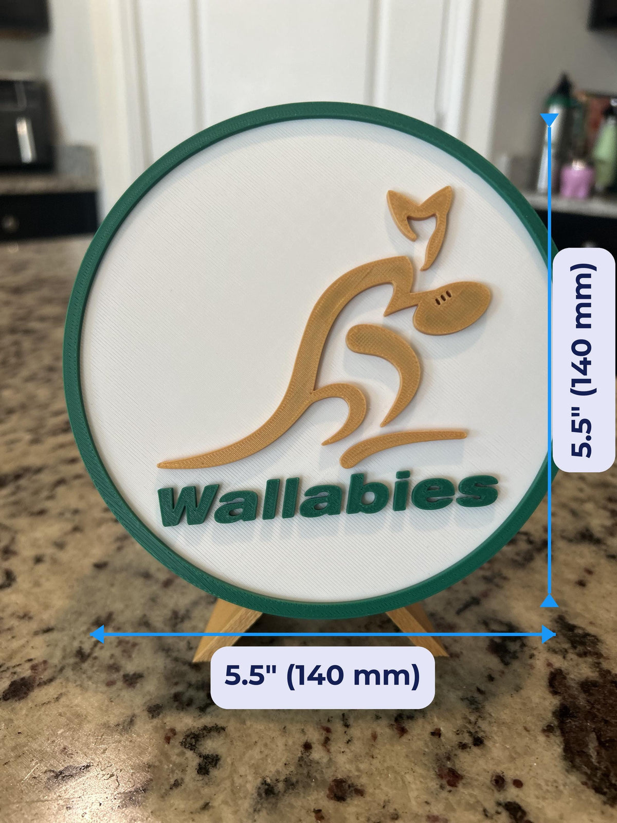 Australia Wallabies 3D printed green and gold rugby roundel display with stand and hidden stash box, made in USA