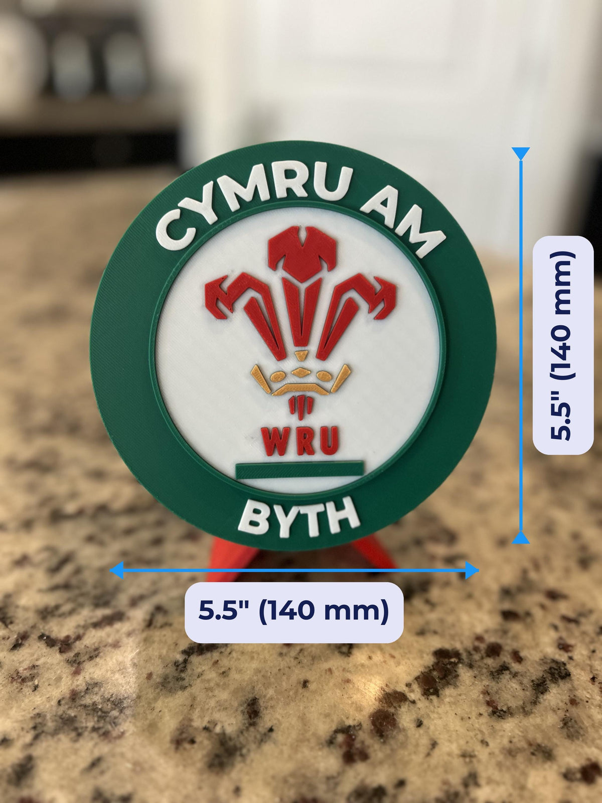 Wales rugby WRU 3D printed feathers crest roundel with Welsh tricolor base and green stand and hidden stash box, personalized Cymru am Byth rugby fan gift, made in USA