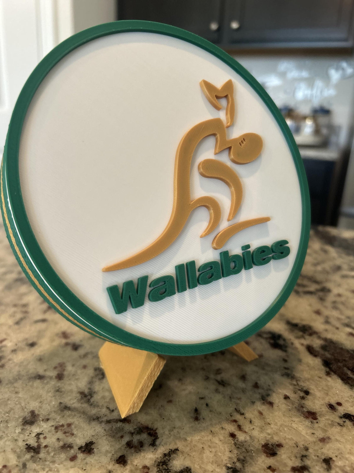 Australia Wallabies 3D printed green and gold rugby roundel display with stand and hidden stash box, made in USA
