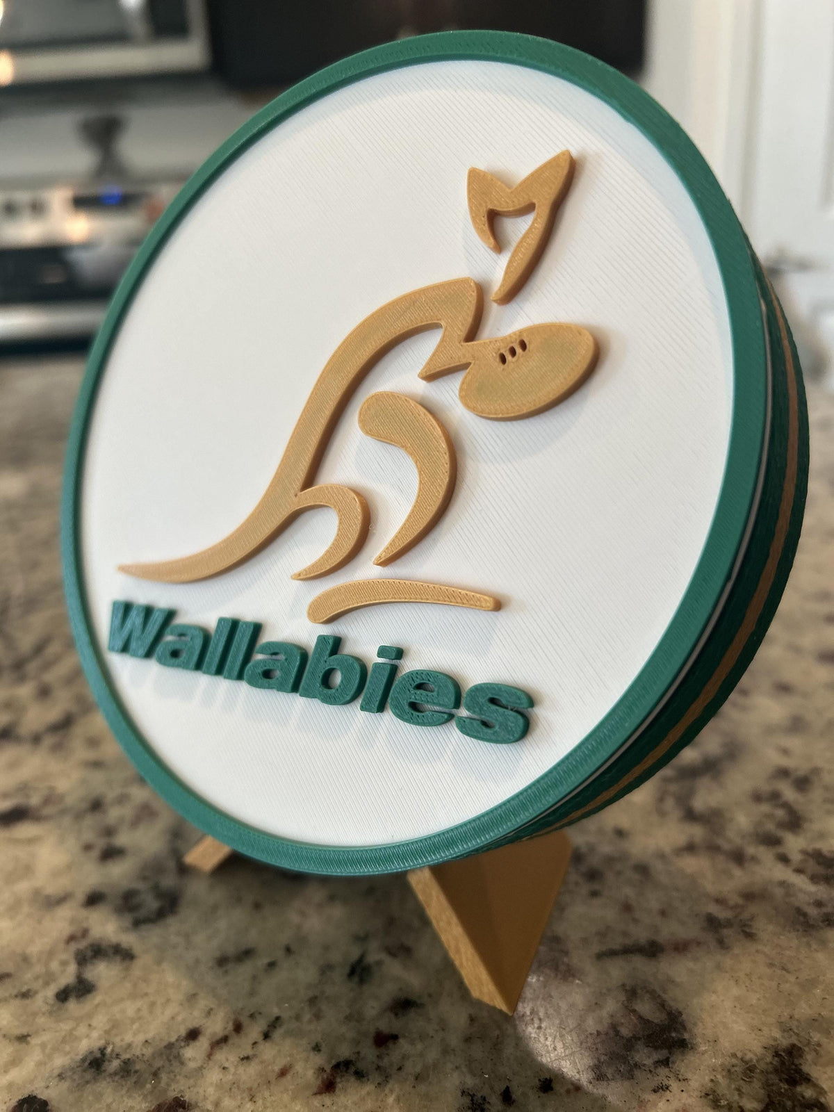 Australia Wallabies 3D printed green and gold rugby roundel display with stand and hidden stash box, made in USA