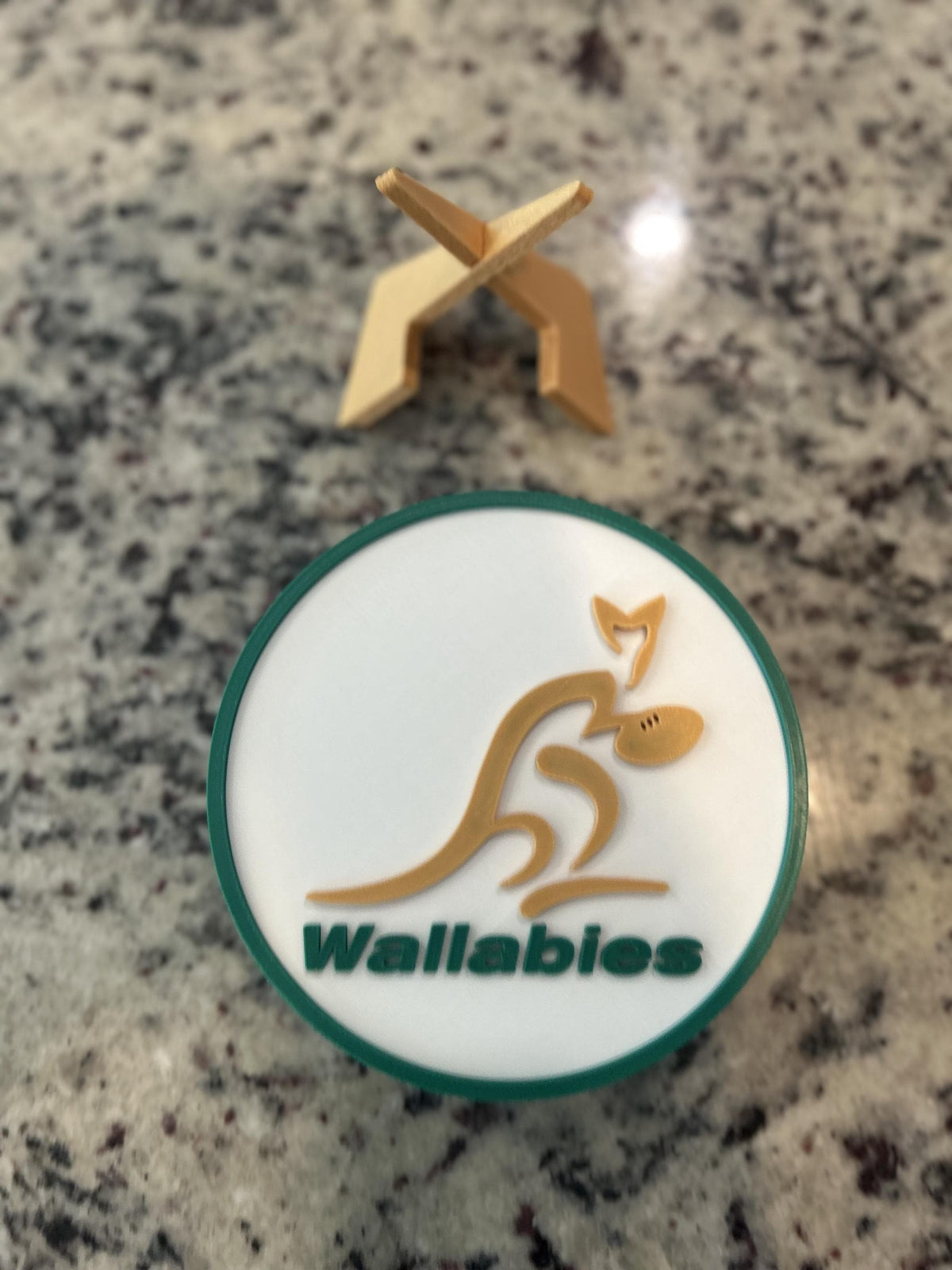 Australia Wallabies 3D printed green and gold rugby roundel display with stand and hidden stash box, made in USA