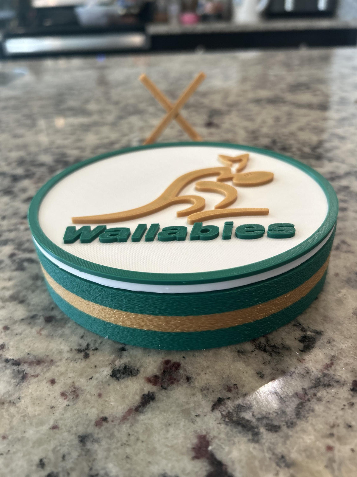 Australia Wallabies 3D printed green and gold rugby roundel display with stand and hidden stash box, made in USA